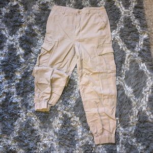Woman’s tan joggers with pockets.